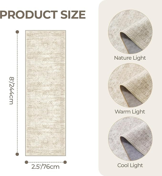 Kitchen Runner Rug Non Slip - 2.5 x 8 Runners for Hallways, Entryway, Bedroom, Washable Runner Rugs for Bathroom, Laundry Room, Low Pile Soft Vintage Area Rug(2.5'x8', Beige/Ivory)