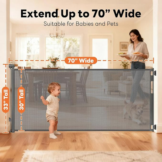 70 Inch Wide Retractable Baby Gate for Doorways, Extra Long Dog Gate Indoor Pet Gate Retractable Gate Outdoor Gates for Decks, Extra Long Baby Gates for Large Openings, Gray
