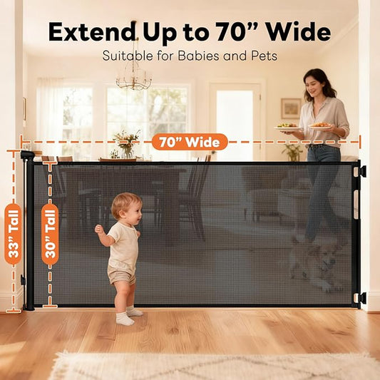 70 Inch Wide Retractable Baby Gate for Doorways, Extra Long Dog Gate Indoor Pet Gate Retractable Gate Outdoor Gates for Decks, Extra Long Baby Gates for Large Openings, Black