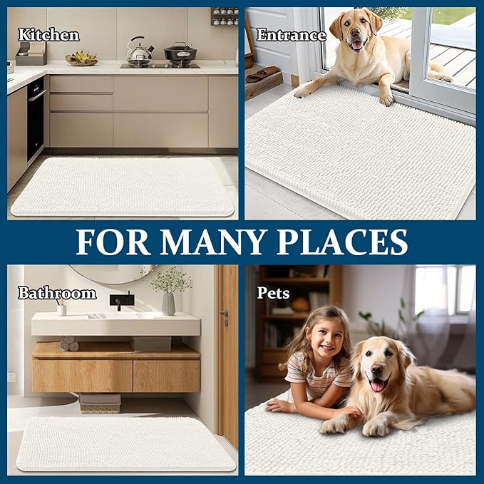 OLANLY Dog Door Mat for Muddy Paws 59x32, Absorbs Moisture and Dirt, Absorbent Non-Slip Washable Doormat, Quick Dry Chenille Mud Mat for Dogs, Entry Indoor Entryway Carpet for Inside Floor, Ivory