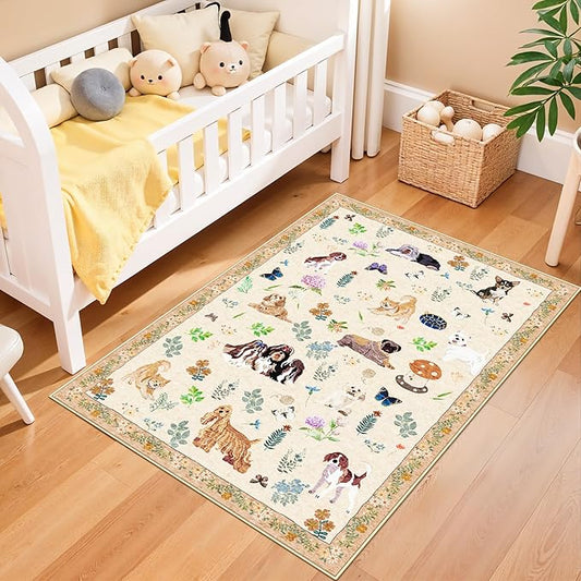 Washable Floral Animal 3x4 Rug: Non-Slip Low Pile Entryway Area Rugs Dog Printed Carpet Stain Resistant Kitchen Runners Soft Beside Floor Mat for Bedroom Kids Room Home Office Laundry(3x4,Beige/Dog
