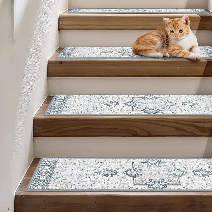 Non Slip Stair Treads for Wooden Steps 15PCS - 8"x30" Indoor Safety Carpet, Edging Mats with TPE Adhesive Backing, Pet and Elderly Friendly Stair Rugs (Blue)