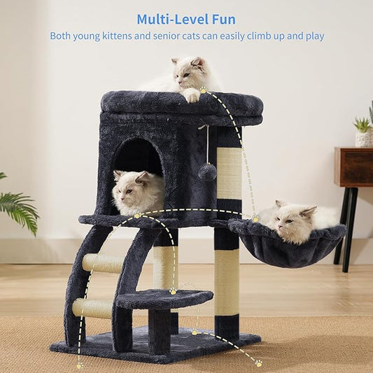Heybly Cat Tree Tower, Cat condo for Indoor Kittens, Cat House with Wide Plush Top Perch, Ladder, Basket, Sisal-Covered Scratching Posts, Cozy Activity Center for pet, Smoky Gray HCT009SG