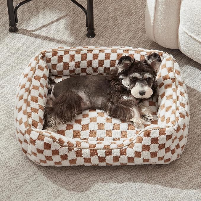 JOEJOY Dog Bed for Medium Small Dogs - Rectangle Orthopedic Dog Sofa Bed, Cute Modern Puppy Bed with Jacquard Shaggy Plush & Anti Slip Bottom, 25x21x8inches, Brown