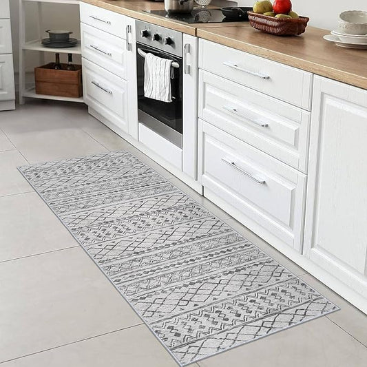 KUTA Boho Washable Runner Rug 2x5 ft Grey Moroccan Washable Runners for Hallways Non-Slip Vintage Kitchen Rug Ultra Soft Distressed Geometric Floor Carpet for Bedroom Laundry Living Room