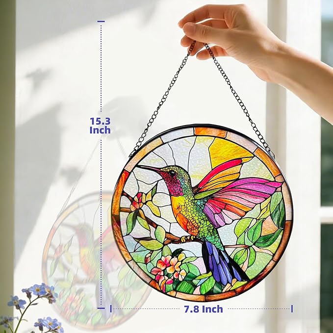 Stained Glass Hummingbird Suncatcher, Colorful Bird Suncatcher Glass Panel for Window Hanging, Unique Gift for Bird Lovers, Women, Mom, Grandma, 7.8 Inch