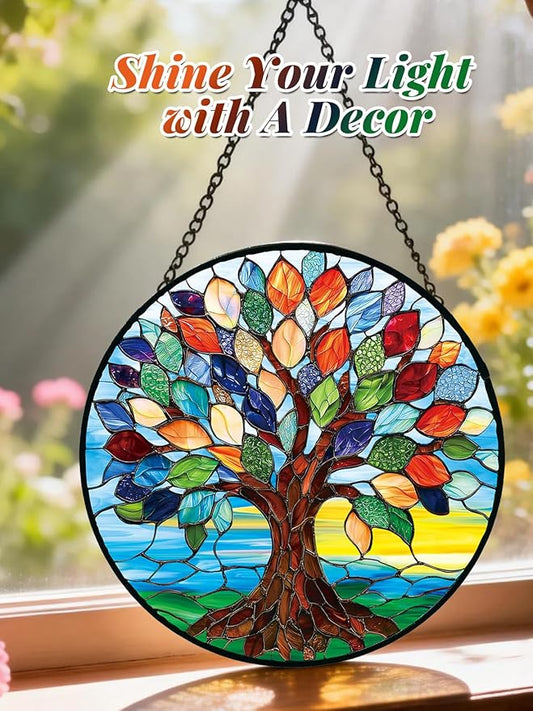 Stained Glass Window Hanging, Colorful Tree of Life Suncatcher for Door Home Decor, Glass Panel Sunrise Sun Catcher Ornament Mother's Day Birthday Gifts for Women Men Mom 6.3 in