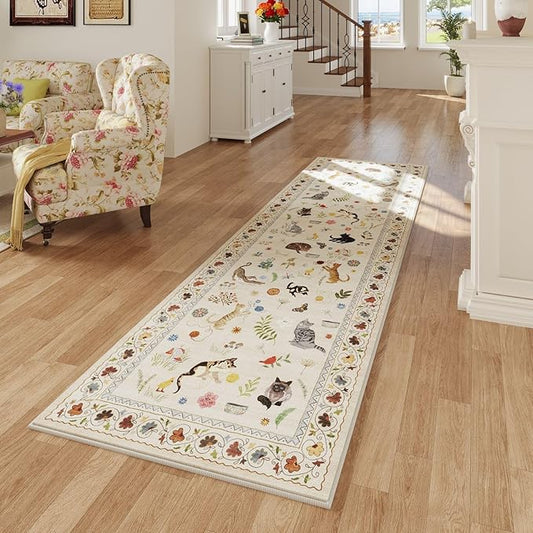Rugcomf 2x5 Runner Rug - Floral Cat Machine Washable Kitchen Rug, Non-Slip Low Pile Boho Carpet for Hallways, Laundry, Entryway, Bedroom, Bathroom - Beige