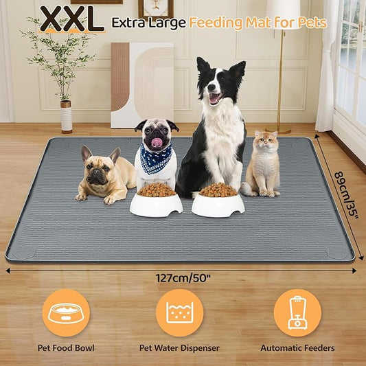 Dog Food Mat, Extra Large 50" x 35" Silicone Pet Feeding Mat with Raised Edge Pet Placemat for Small, Medium, and Large Pets Non-Slip, Easy to Clean (Dark Grey)