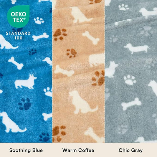 Luciphia 1 Pack 3 Dog Printed Fleece Pet Blankets Washable,Soft Warm Throw Covers for Crate Couch Bed,Cozy Puppy Essentials for Dogs and Cats, Blue/Grey/Khaki, Small (23x16 inch)