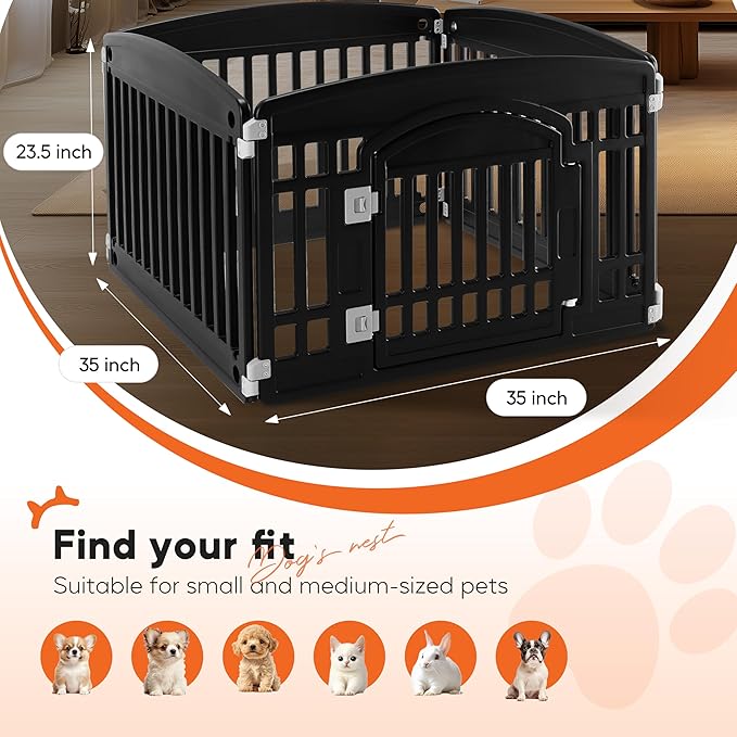 HealSmart 4 Panel Dog Playpen, 24” Exercise Puppy Playpen with Door, Safe, Secure, Folding & Portable Pet Playpen for Indoor & Outdoor Use, Suitable for Puppies and Small, Black