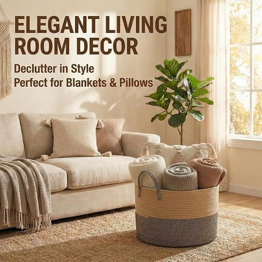 65L Extra Large Blanket Basket for Living Room - Woven Cotton Rope Laundry Hamper with Reinforced Handles - Storage Bin for Pillows, Comforters & Toys - Machine Washable,Jute&Black