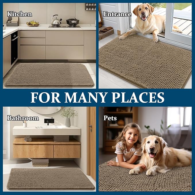 OLANLY Dog Door Mat for Muddy Paws 30x17, Absorbs Moisture and Dirt, Absorbent Non-Slip Washable Doormat, Quick Dry Chenille Mud Mat for Dogs, Entry Indoor Entryway Carpet for Inside Floor, Tan