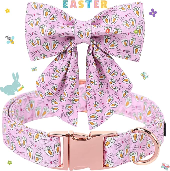 Maca Bates Rabbit Foot Dog Collar with Sailor Bow Tie for Medium Girl Boy Dogs, Pink Bunny Pattern,Adjustable Durable Soft Breakaway Collars Easter Day Gift for Male Female Puppy