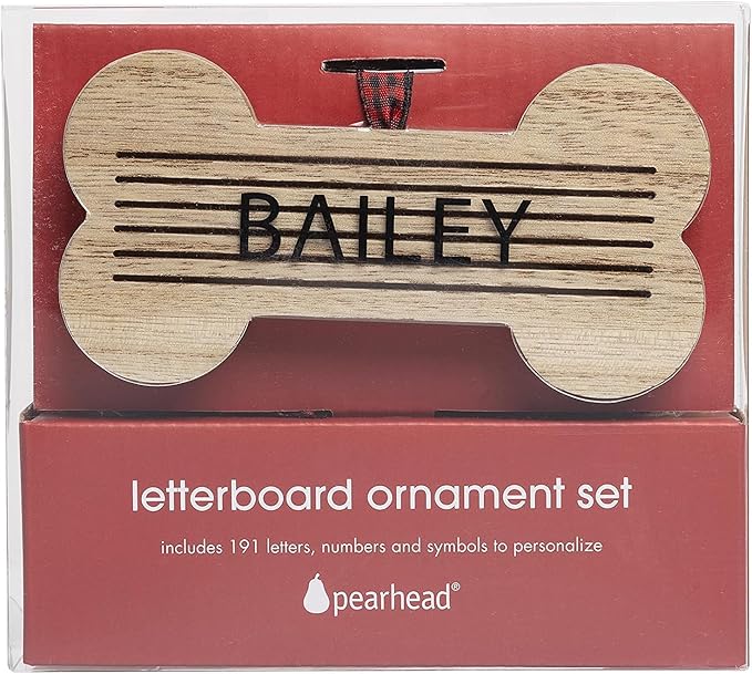 Pearhead Pet Letterboard Bone Holiday Christmas Tree Ornament, Pet Owner Christmas Keepsake, Wood with Buffalo Check Hanging Ribbon