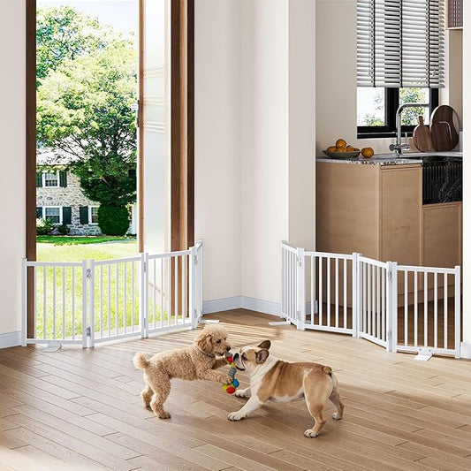 Snughome 2 Pack Short Dog Gate Indoor, 16" High Freestanding Small Dog Gates with Support Feet, Expand Up to 48’’ Wide Foldable Pet Gate for Doorway, 8 Panel Pet Door Pet Fence for Puppy, White
