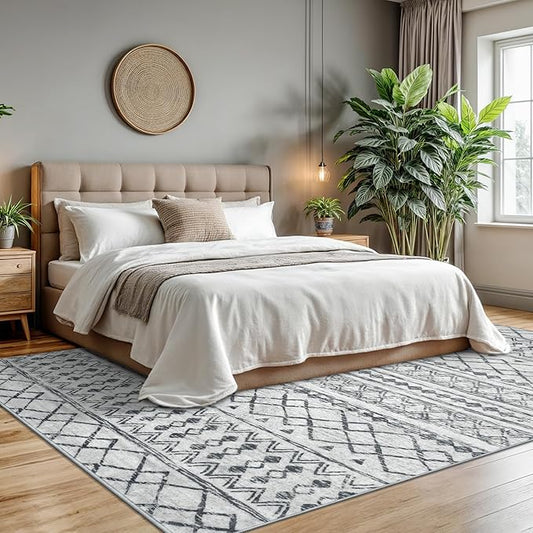 KUTA Moroccan 8x10 Rugs for Living Room Grey, Washable Boho Area Rug Non-Slip, Ultra Soft Geometric Tribal Traditional Farmhouse Carpet for Dining Room Bedroom Dorm Office Home Decor