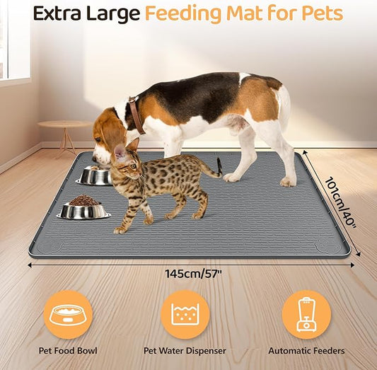Dog Food Mat, Extra Large 57" x 40" Silicone Pet Feeding Mat with Raised Edge Pet Placemat for Small, Medium, and Large Pets Non-Slip, Easy to Clean (Dark Grey)