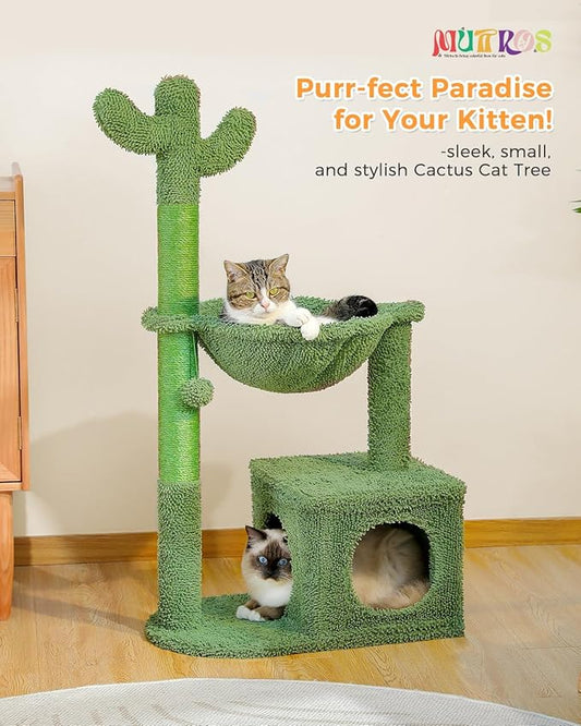 MUTTROS Cactus Cat Tree 40" Cat Tower with Large Metal Carpet Hammock, Cat Scratching Post for Indoor Cats with Condo & Replaceable Toy Ball, Green