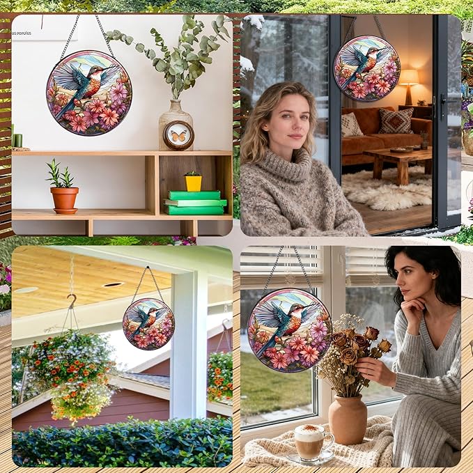 Hummingbird Flower Stained Glass Window Hanging, 7.8″ Sun Catchers with Hook Indoor Window Decor, Decorative Suncatchers Home Garden Art Gift for Bird Lovers Housewarming