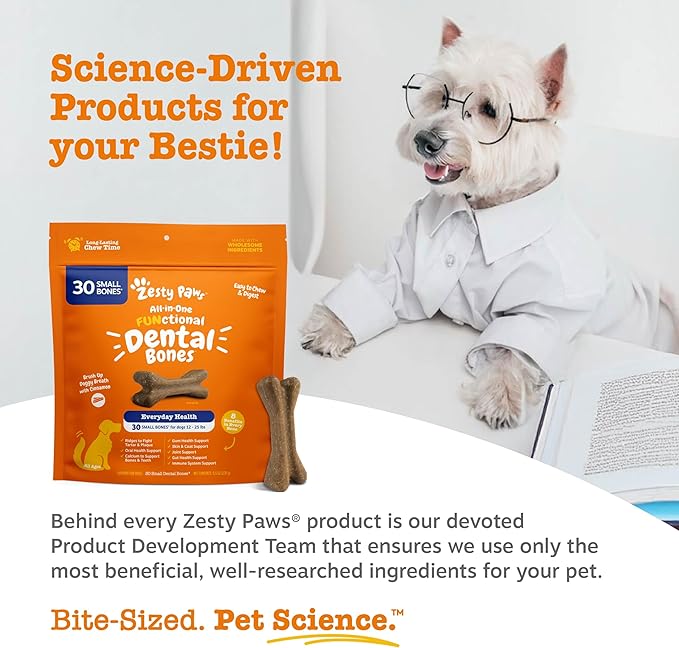 Zesty Paws Dental Bones - Fights Tartar & Plaque - Gum, Teeth & Bone Health - Cinnamon for Dog Breath - Immune, Joint, Gut, Skin & Coat Support - Omega 3 EPA & DHA and Calcium - Small Dogs - 28 ct