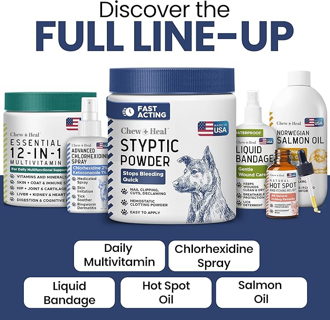 Chew + Heal Labs Styptic Powder for Dogs - .5 oz Quick Stop Bleeding for Dogs Nails & Animal Cuts - Blood Stop Clotting Powder & Wound Care