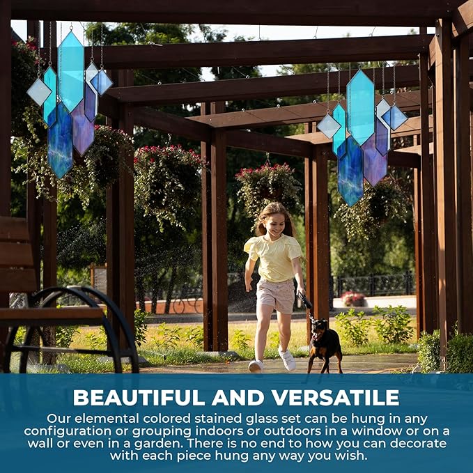 Sensory4u Stained Glass Suncatchers Window Hanging Wall Art Element Earth Tones Modern Design Home Decor Or Garden Suncatcher (Blue)