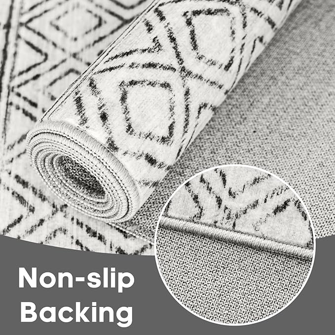 Washable Runner Rugs 3x16 - Long Hallway Runner Rug Low Pile Rug with Rubber Backing Floor Mat Non Slip Moroccan Indoor Carpet for Kitchen Bedroom Entryway 3x16 Geo Grey