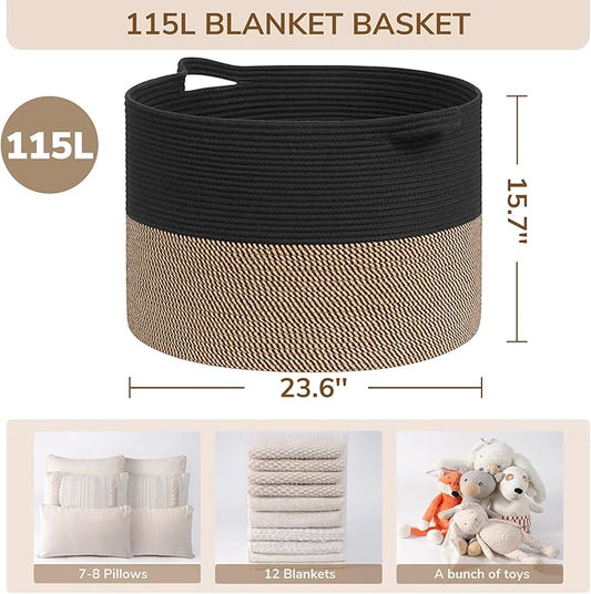 INDRESSME 115L Extra Large Storage Baskets for Organizing, Blanket Basket Living Room Dog Toy Bin, Wicker Storage Woven Laundry Basket for Pillows, Towel Shoes Entryway, Mix Black