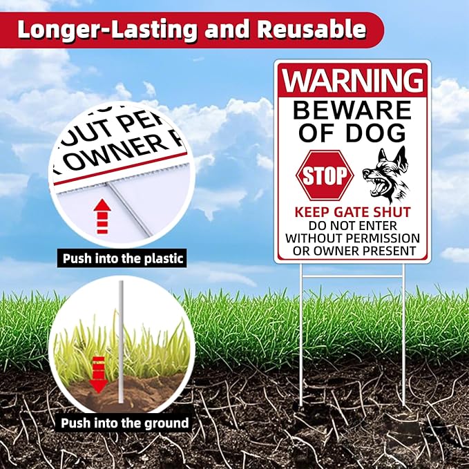 Beware of Dog Signs, 2 Pack 13"x10" Double-Sided Signs, Corrugated Plastic, H-Stake Metal Stakes, Dog Signs for Yard, Garden and Yard Wall Decor, Beware of Dog Signs for Fence