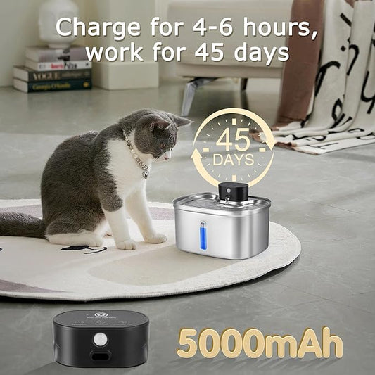 5L/169oz Automatic Stainless Steel Pet Water Fountain for Cats & Dogs, Cordless Cat Dog Drinking Fountain with 5000mAh Rechargeable Battery, Ultra-Quiet Pump & 3 Smart Modes