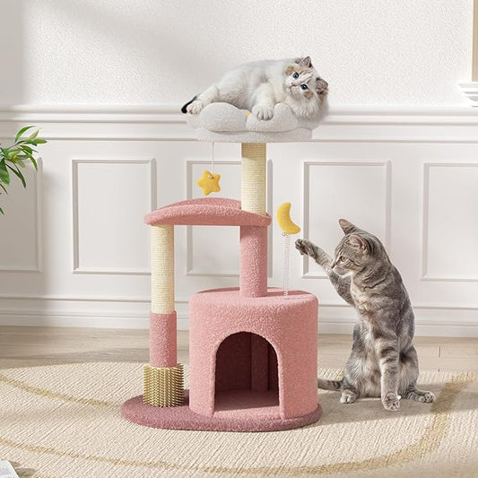 Magshion Flower Cat Tree for Indoor Cats, 33" Cute Cat Tower with Scratching Post, Condo, Top Flower Perch and Dangling Balls, Compact Cat Stand for Kittens, Pink