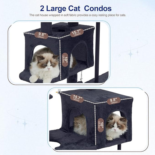 Gitelsnour 51.2'' Cat Tree Tower, Cat Tower with Scratching Post, Sturdy Steel Pube Cat Tree for Inoor Cats Large Adult, Cat Hammock and Basket, Padding Top Platform, Drak Gray GCT014G