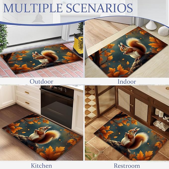 Door Mat, Cute Squirrel Rugs for Front Door,Non-Slip Fall Maple Leaf Low Profile Indoor Outdoor Welcome Mat for Entry Patio, Porch, Hallways,Kitchen 30 x 17 Inch