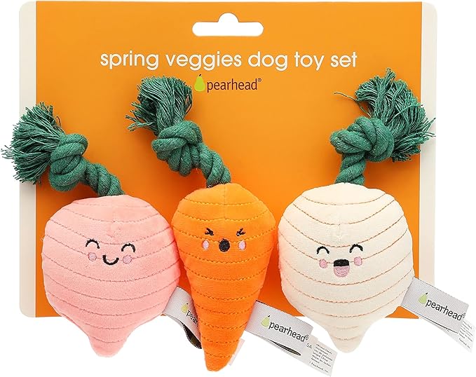 Pearhead Spring Garden Veggies Dog Toys, Easter Plush Squeaky Rope Dog Toys, Radish Carrot & Turnip Vegetable Dog Toy Set, Pet Easter Basket Gift, Set of 3