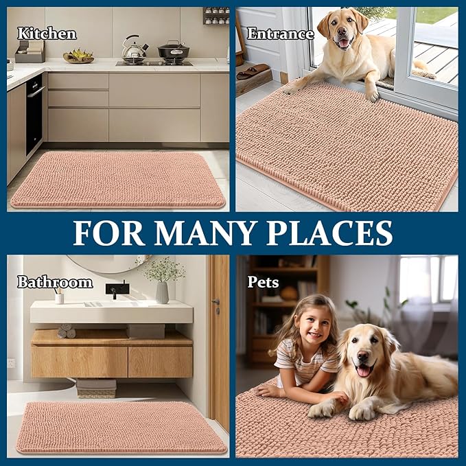 OLANLY Dog Door Mat for Muddy Paws 59x20, Absorbs Moisture and Dirt, Absorbent Non-Slip Washable Doormat, Quick Dry Chenille Mud Mat for Dogs, Entry Indoor Entryway Carpet for Inside Floor, Peach