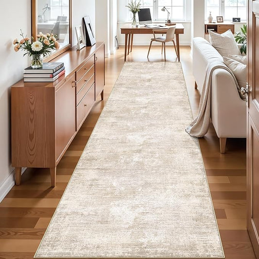 Washable Abstract Kitchen Runner Rug: Neutral Soft Carpet Runners for Hallway 12ft Stain-Resistant Entryway Bathroom Rug Modern Living Room Bedroom Floor Mat with Non Slip Backing(2'6x12',Warm/Beige)