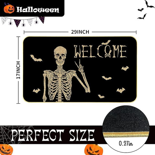 Halloween Skull Doormat - Funny and Spooky Welcome Mat, Low-Profile Non-Slip Entr Door mat Living Room Kitchen Floor Mat Home Halloween Indoor Outdoor Decoration - 17" x 29"