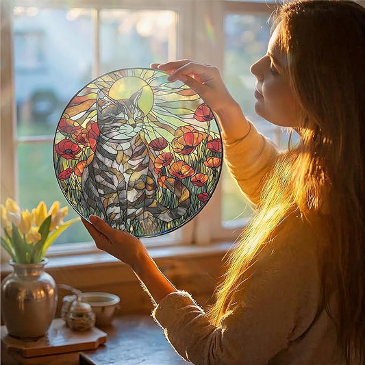 Greatingreat Gray Cat Stained Glass Window Hanging, Home Room Decor 7.8 Inch Sun Catchers Indoor Window, Whimsical Decor for Christmas Mother's Day Birthday Gifts for Women Men Pet Lover Gift