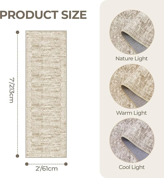 2x7 Runner Rug Non Slip, Thin Entryway Washable Rug for Entryway, Runners for Hallways, Low Pile Vintage Abstract Soft Rugs for Living Room, Kitchen, Bedroom(2'x7', Brown/Ivory)