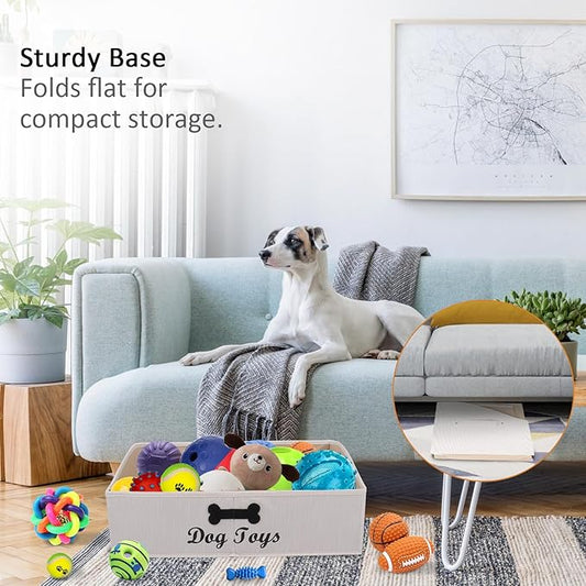 Large Dog Toy Basket Collapsible Dogs Toy Box Fabric Trapezoid Dog Toys Bin Storage for organizing pet Toys/Blankets/leashes/Rope Toys/Clothing-Can be Personalized-Slub Beige