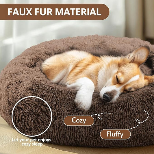 JOLLYVOGUE Calming Dog Beds Large Sized Dog, 36in Donut Washable Large Pet Bed, Anti-Slip & Anti-Anxiety Fluffy Faux Fur Round Dogs Bed, Fits up to 80 lbs Pets (Coffee)
