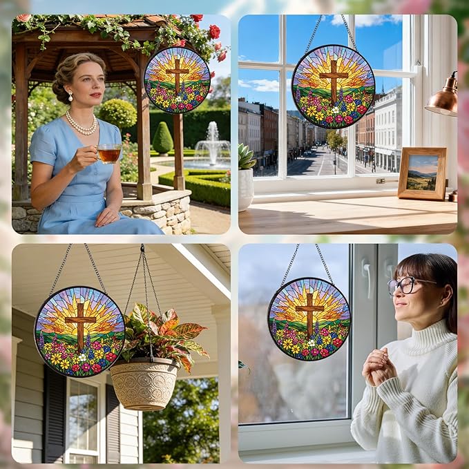 Christian Glass Window Hanging, 8 Inch Sun Catcher Cross Religious Gift for Housewarming, Decorative Suncatchers Gifts for Women Men Wall Art Home Decor