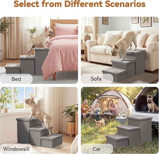 Wider Dog Ramp for High Bed with Storage 18" H, Foldable Dog Stairs for Small Medium Large Older Senior Animal, Sturdy Dog Step for Climbing Bed or Couch, Arthritis-Friendly (Gray, No Condo)