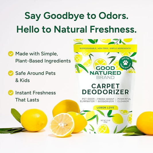 Good Natured Brand | Carpet Deodorizer & Freshener Powder | 31 oz Pet Odor Eliminator for Strong Odor & Pet Urine | Fresh Natural Lemon Scent | Safe for Homes with Pets