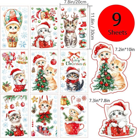 Christmas Window Clings Cat Stickers for Window Glass, 9 Sheets Xmas Decorations Cat Tree Bells Decals for Holiday Party(Cat2341)