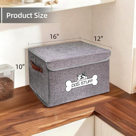Fabric Dog Toy Box with Lid, Collapsible Storage Bin, Basket Organizer with Handle for Dog Toys, Blankets and Accessories, Grey