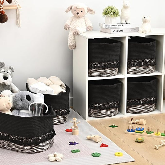 2 Pack Storage Basket for Shelves, Boho Cotton Rope Storage Bins with Heavy Tassel, Shelf Baskets Large Woven Baskets for Organizing, Cube Organizer Bins, Baby Laundry Basket for Clothes, Toys, Pets