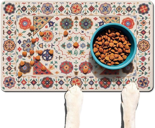 Moroccan Trellis Dog Food & Water Mat, Boho Colorful Vintage Pet Feeding Mat for Floor Non-Slip Waterproof, Super Absorbent Cat Bowl Mat, Easy to Clean Durable Pet Placemat,12" × 20"