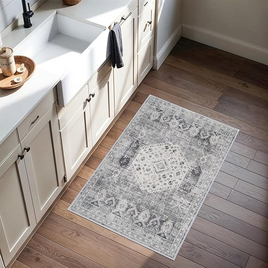 RUUGME Washable 2x3 Area Rug - Entryway Vintage Rustic Style Area Rugs Non Slip Stain Resistant Carpet for Living Room Bedroom Dining Room Kitchen Distressed Floor Mat (2'x3', Grey)